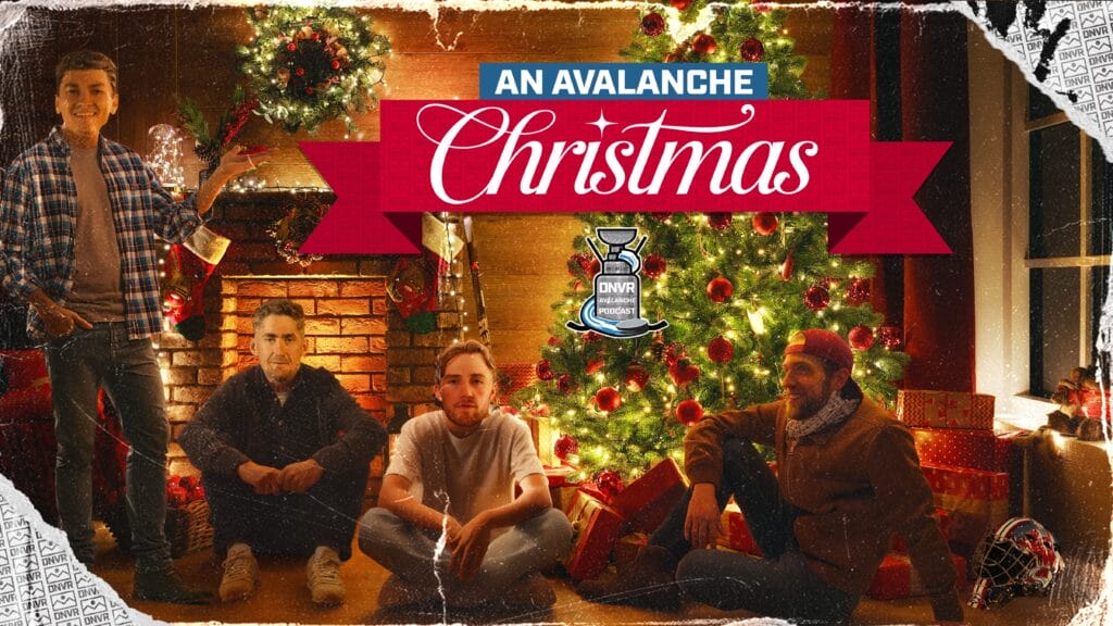 Avs players Sam Malinski, Brock Nelson, Scott Wedgewood, and Mackenzie Blackwood in a Christmas setting.