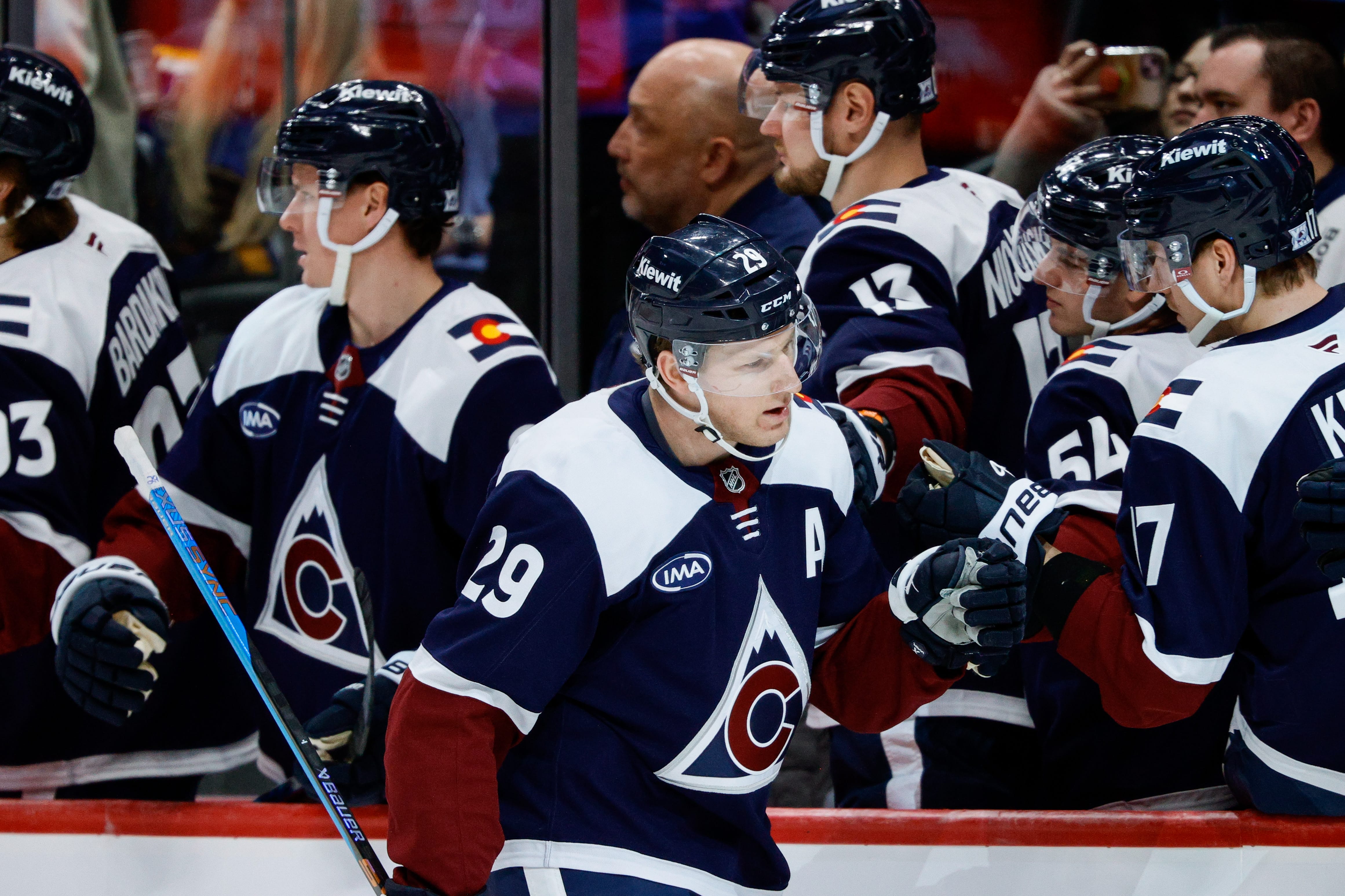 Colorado Avalanche center Nathan MacKinnon (29) celebrates with the bench after his goal in the first period against the St. Louis Blues at Ball Arena. Mandatory Credit: Isaiah J. Downing-Imagn Images
