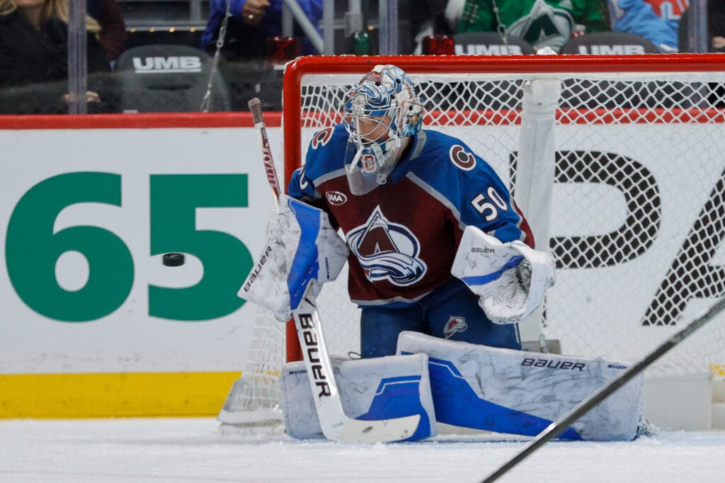 Colorado Avalanche goaltender Trent Miner (50) makes a save on a shot in the second period against the Columbus Blue Jackets at Ball Arena. Mandatory Credit: Isaiah J. Downing-Imagn Images