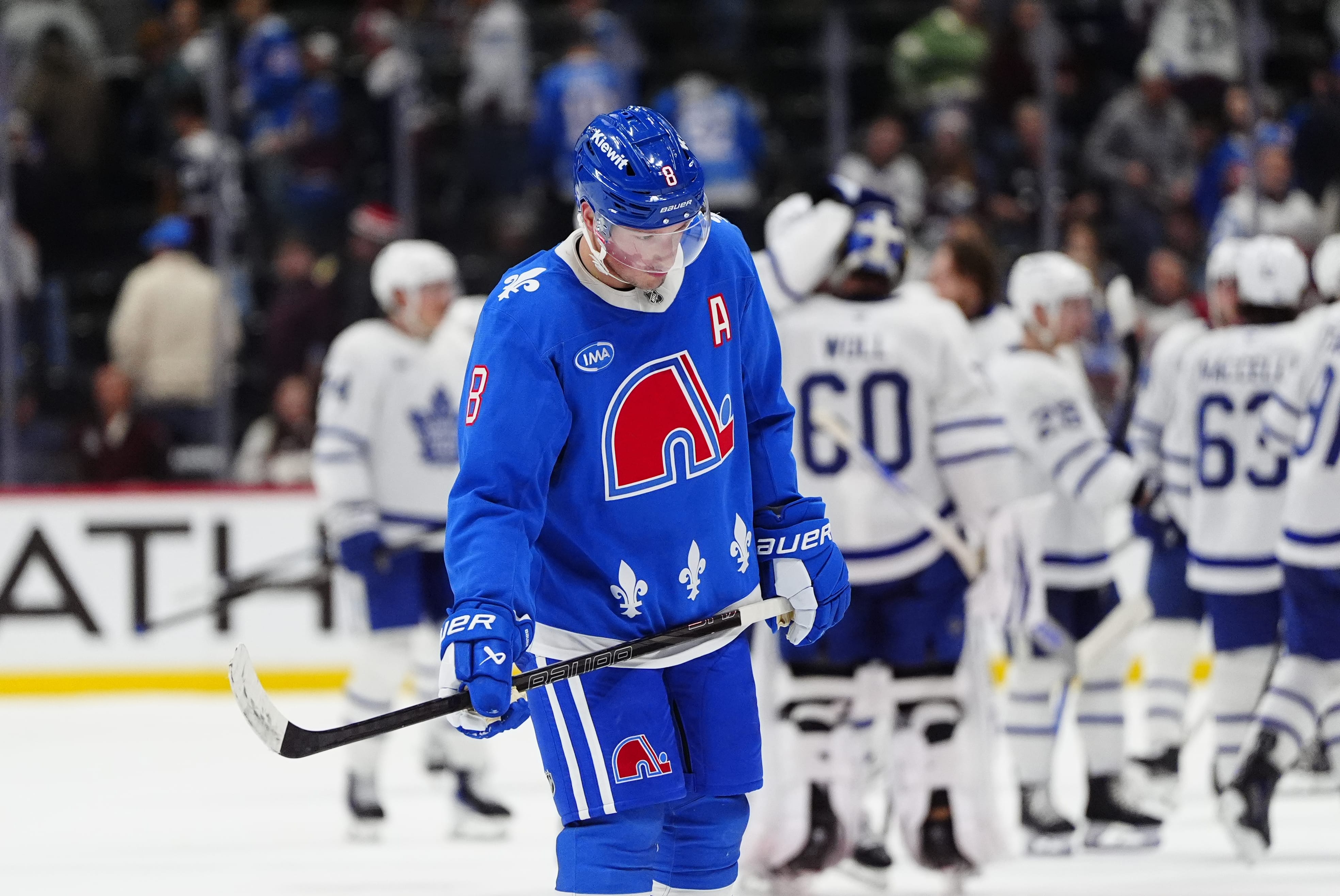 Colorado Avalanche defenseman Cale Makar (8) following the overtime loss to the Toronto Maple Leafs at Ball Arena. Mandatory Credit: Ron Chenoy-Imagn Images