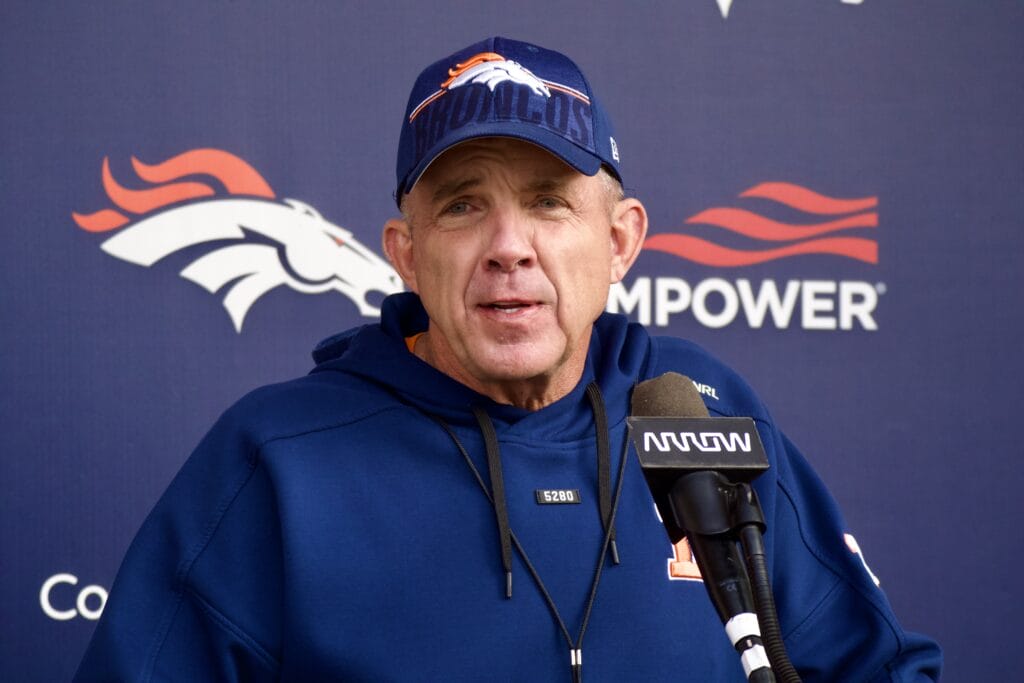Sean Payton addressing the media as the Denver Broncos prepare to host the Buffalo Bills in the Divisional Round of the NFL playoffs.