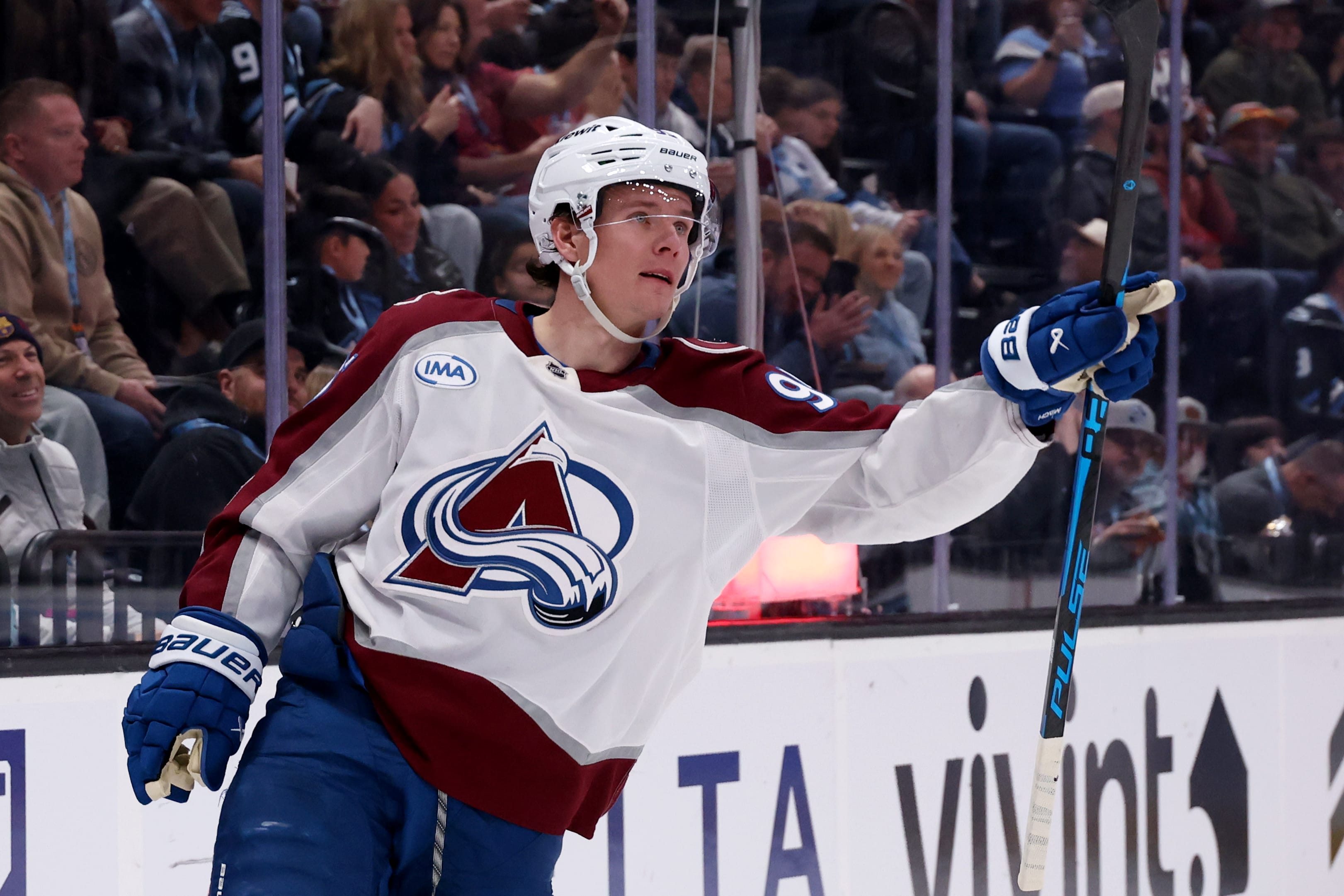 Colorado Avalanche left wing Victor Olofsson (95) celebrates after scoring a goal against the Utah Mammoth during the second period at Delta Center. Mandatory Credit: Rob Gray-Imagn Images