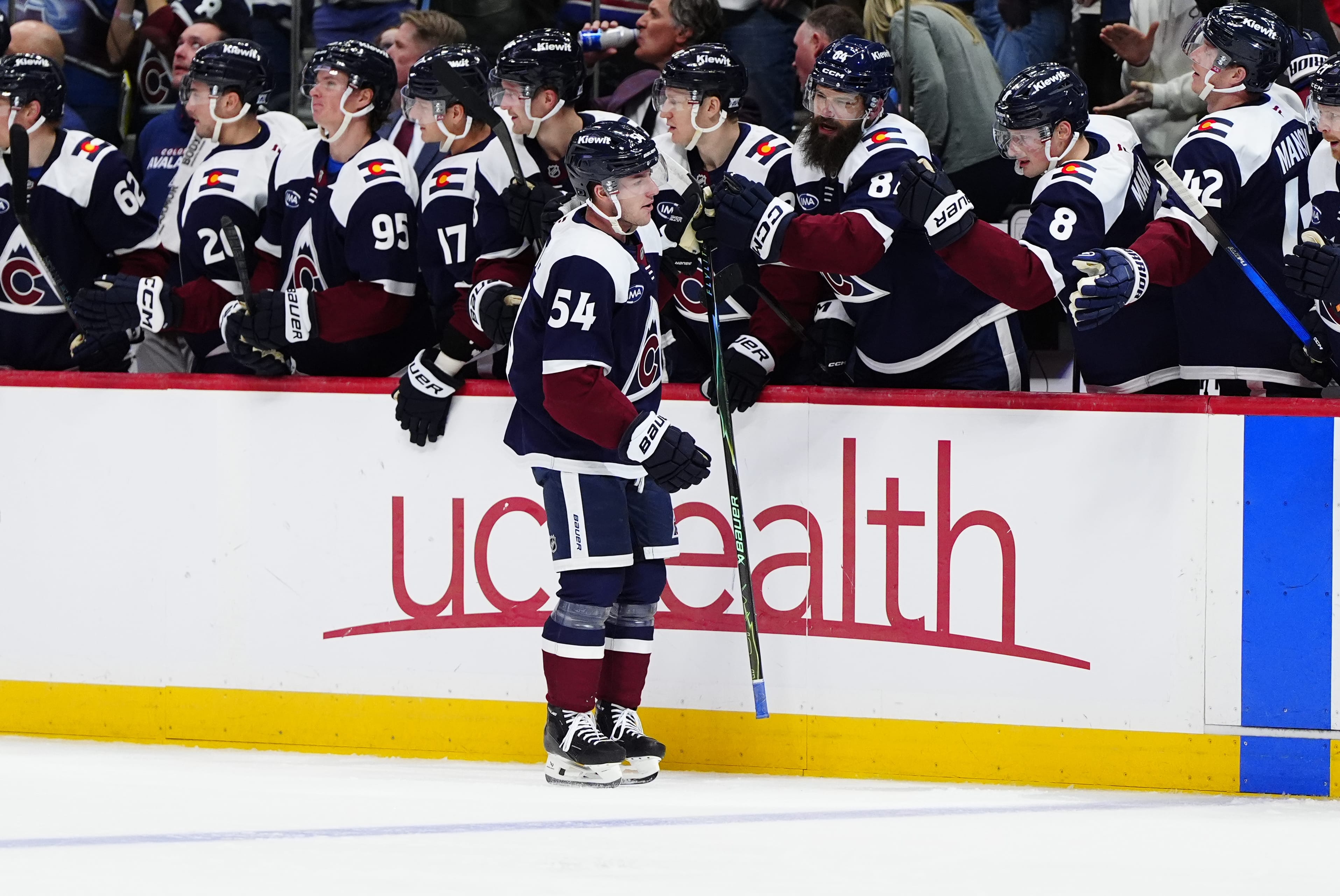 Colorado Avalanche center Gavin Brindley (54) celebrates his go ahead goal in the third period against the Chicago Blackhawks at Ball Arena. Mandatory Credit: Ron Chenoy-Imagn Images