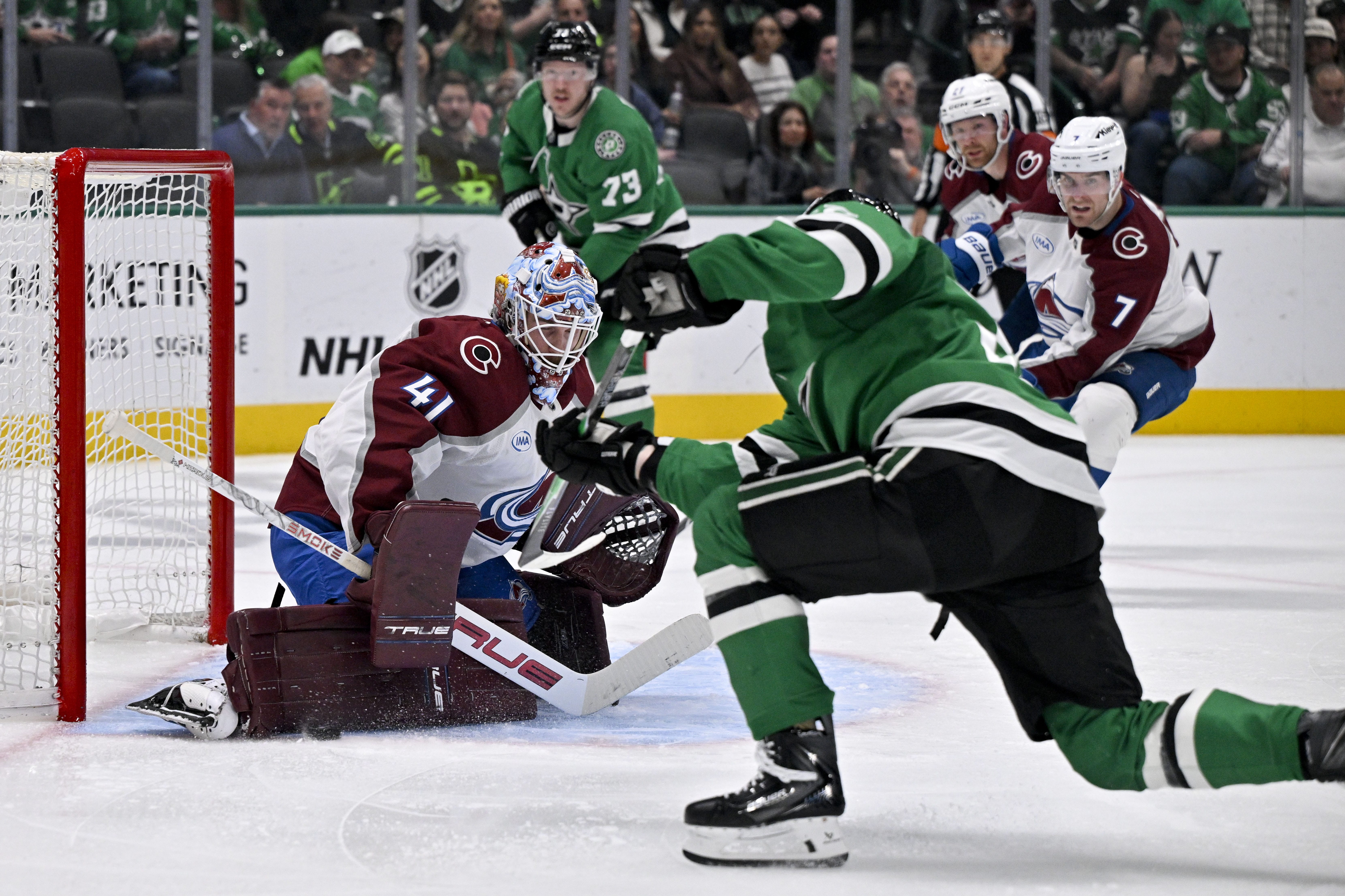 Colorado Avalanche goaltender Scott Wedgewood (41) stops a shot by Dallas Stars center Mavrik Bourque (22) during the second period at the American Airlines Center. Mandatory Credit: Jerome Miron-Imagn Images