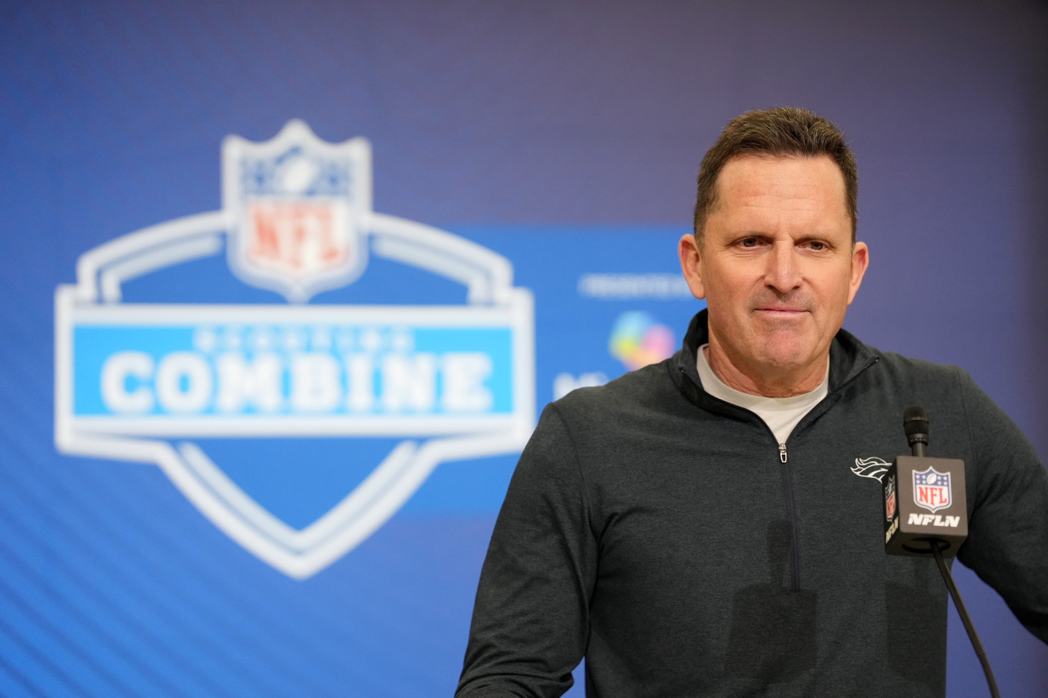 Feb 24, 2026; Indianapolis, IN, USA; Denver Broncos general manager George Paton speaks at the NFL Scouting Combine at the Indiana Convention Center. Mandatory Credit: Kirby Lee-Imagn Images