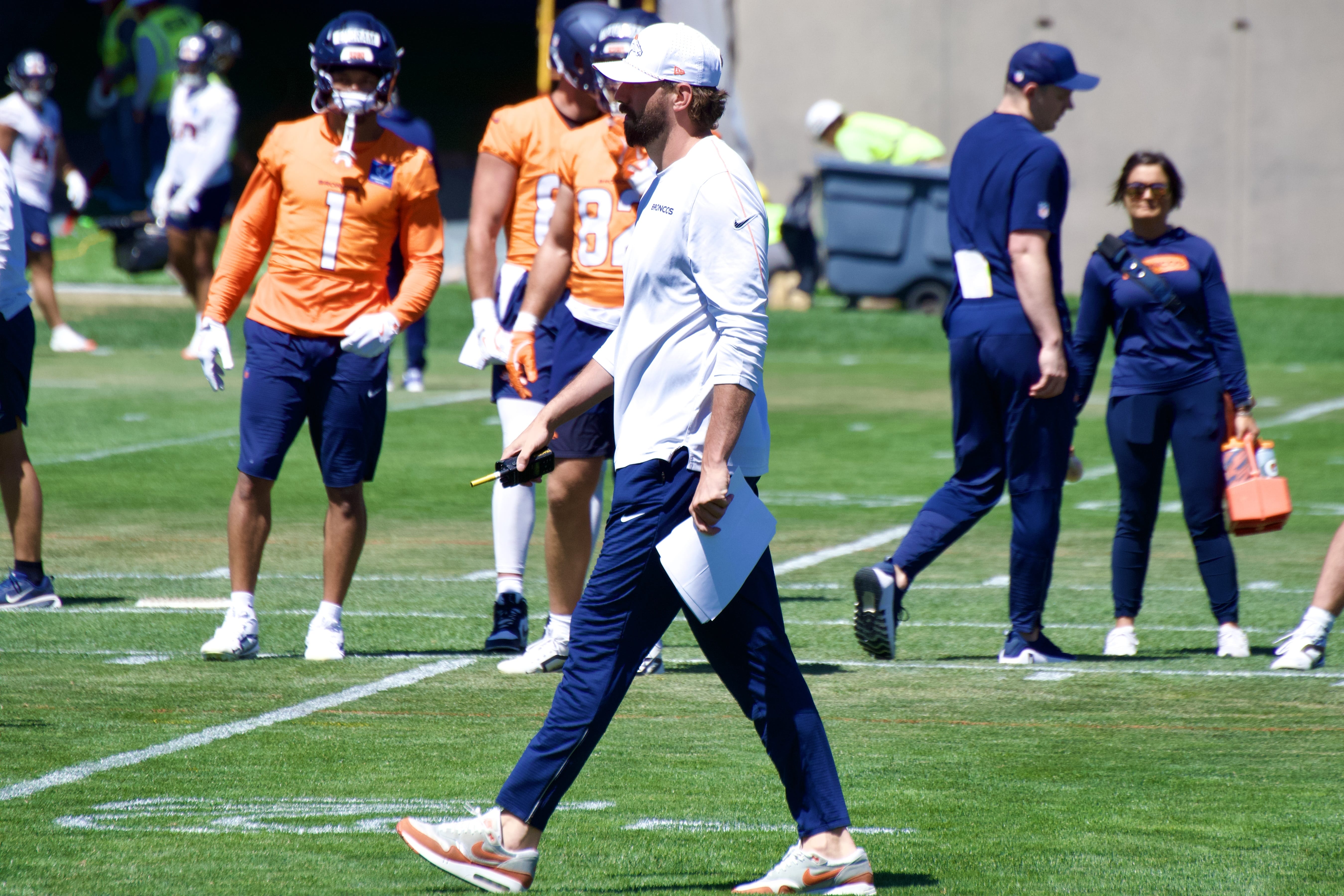Davis Webb coaching in Denver Broncos’ OTA practice on Thursday, June 11. Photo credit: Ryan Greene, DNVR
