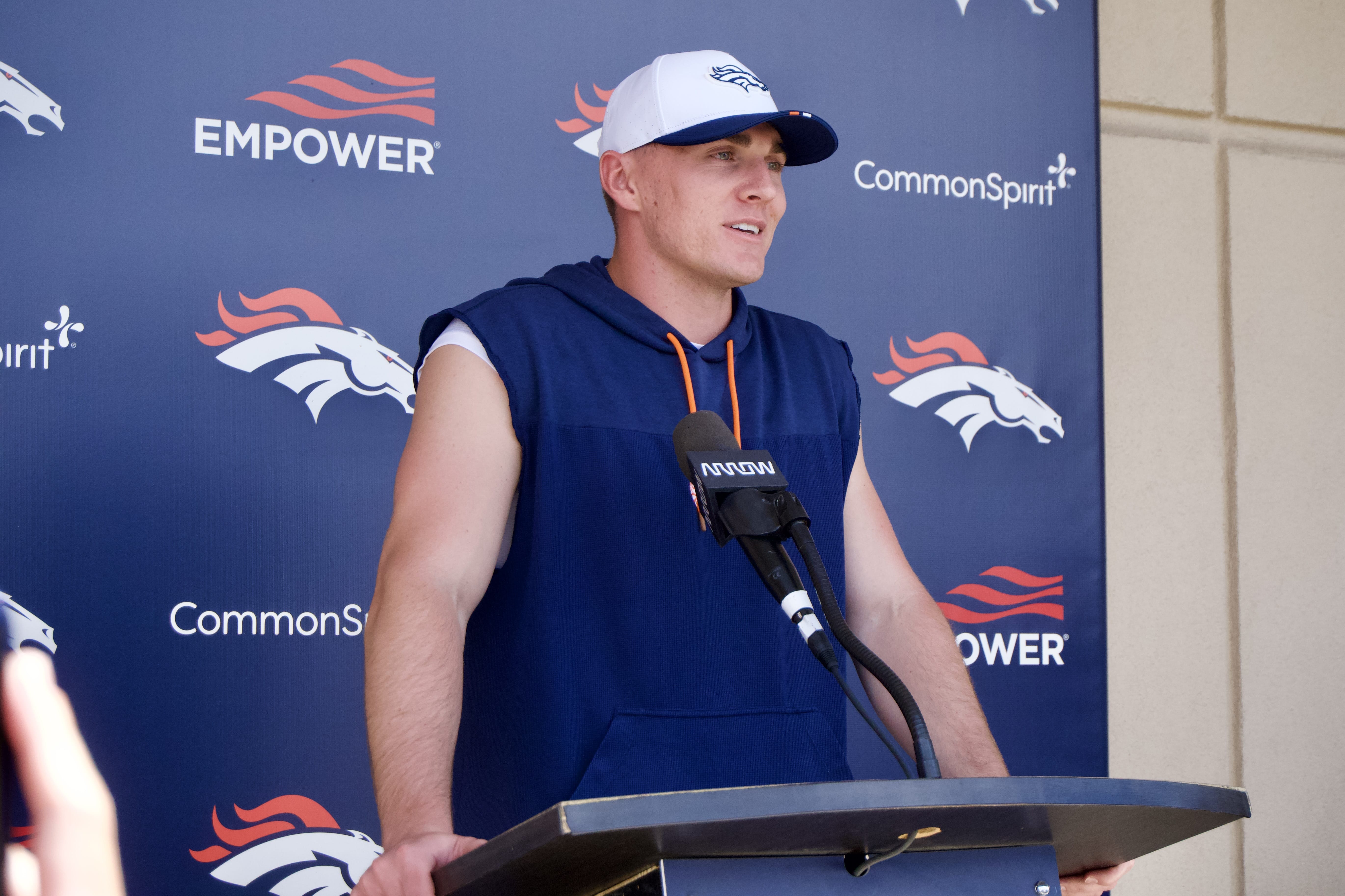 Bo Nix addressing the media following his first practice of the Denver Broncos' offseason. Photo credit: Ryan Greene.
