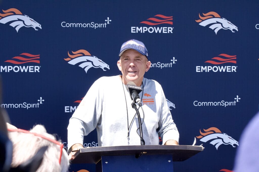 Sean Payton addressing the media following the first acclimation practice of Denver Broncos training camp on Wednesday, July 29, 2026. Photo credit: Ryan Greene