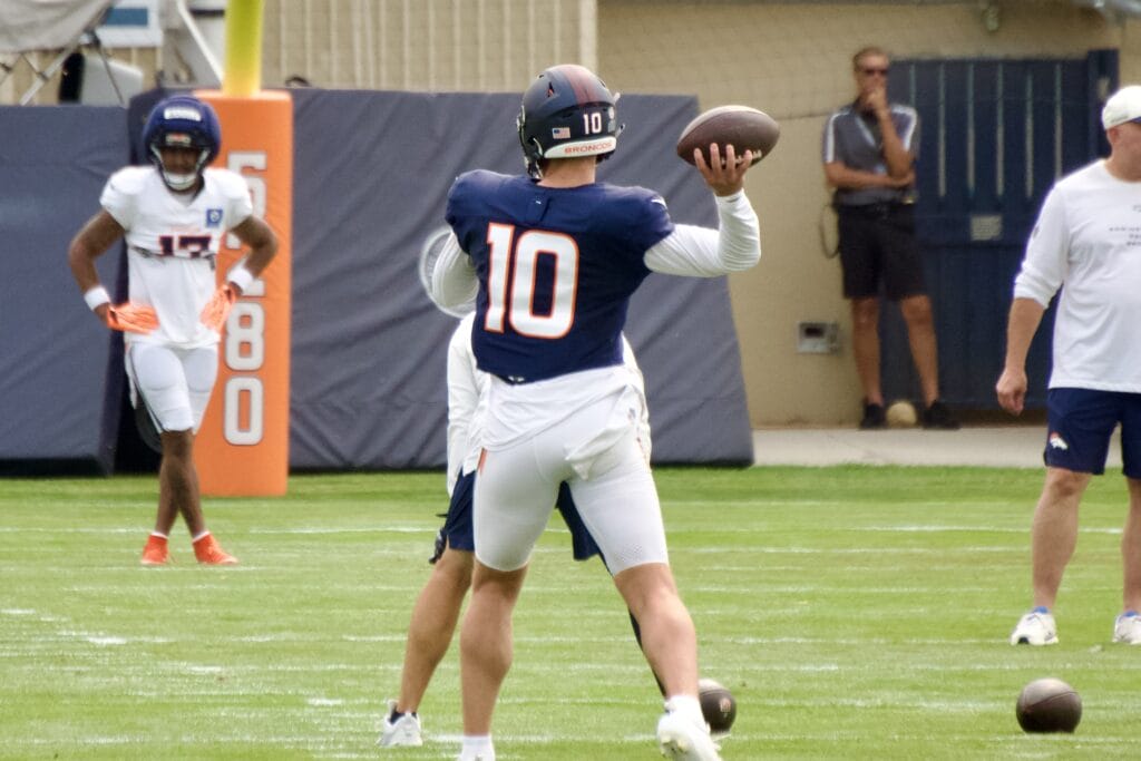 Bo Nix at the Denver Broncos' first practice with pads at training camp on Monday, August 3. Photo credit: Ryan Greene