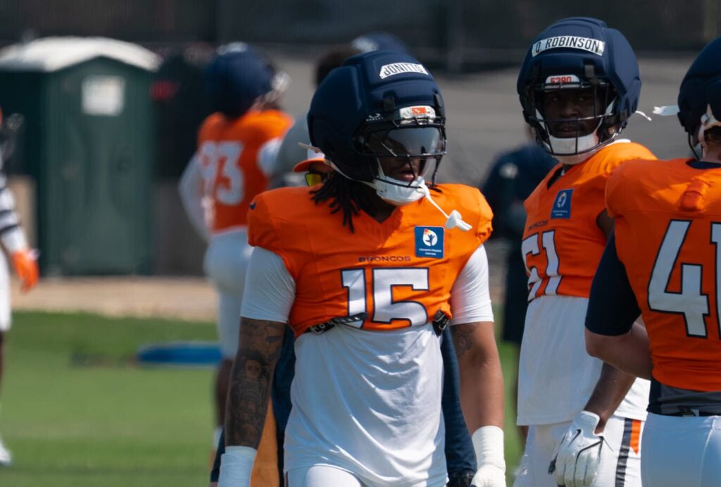 Nik Bonitto at the beginning of Tuesday's Denver Broncos' training camp practice. Photo credit: Nick Ruscetti