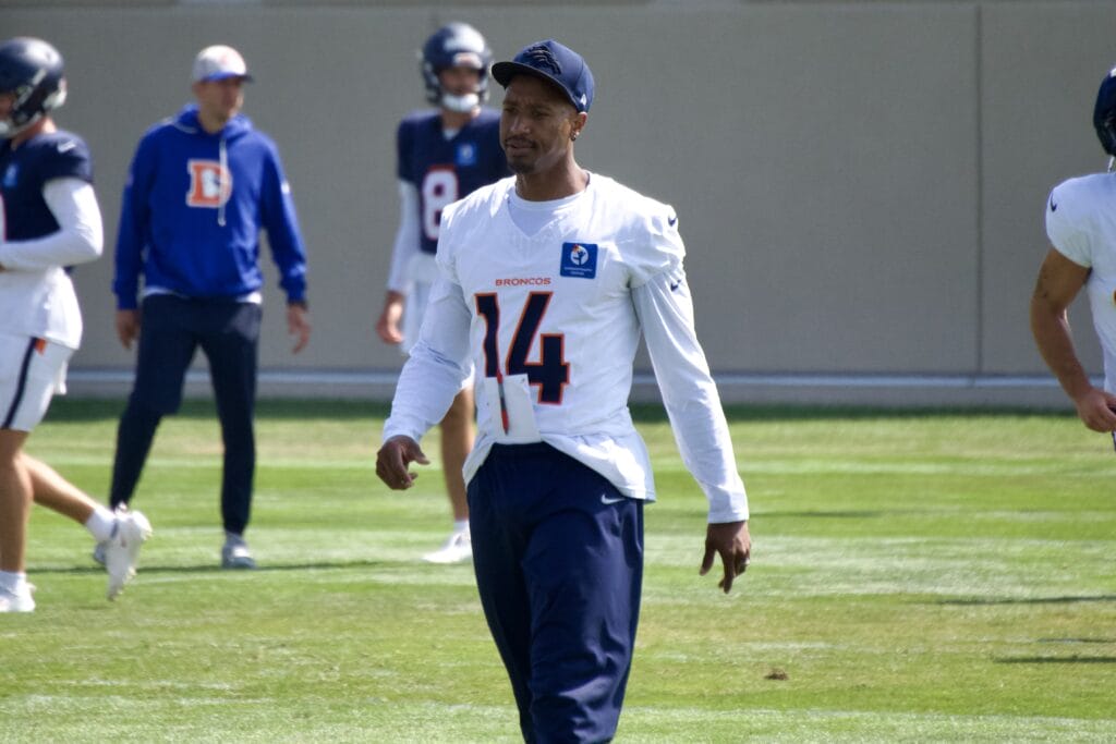 Courtland Sutton not participating in Denver Broncos training camp practice on Wednesday, August 5, 2026. Photo credit: Ryan Greene