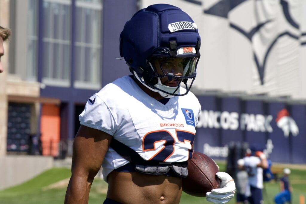 J.K. Dobbins practicing at Denver Broncos training camp. Photo credit: Ryan Greene