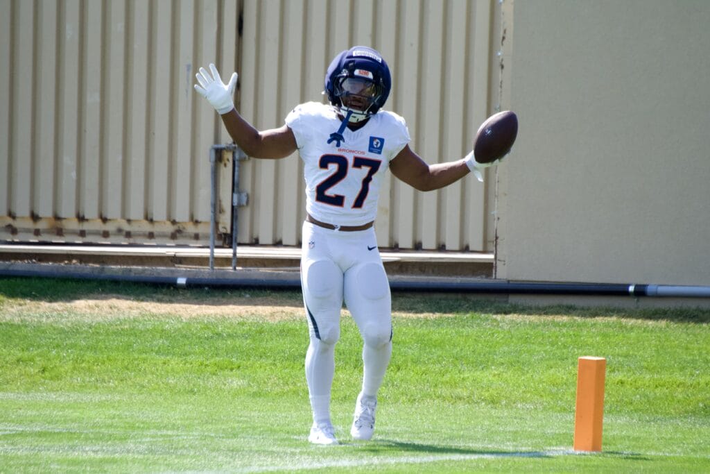 J.K. Dobbins practicing during Denver Broncos training camp on Tuesday, August 11, 2026. Photo credit: Ryan Greene