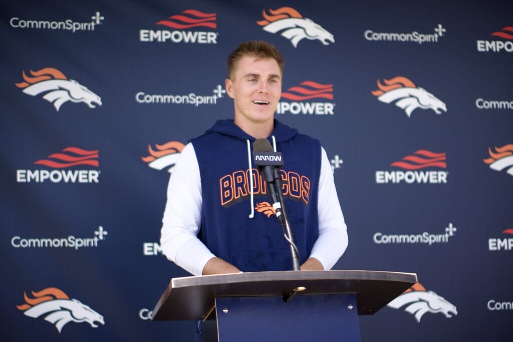 Bo Nix addressing the media following Denver Broncos training camp practice on Tuesday, August 18, 2026. Photo credit: Ryan Greene