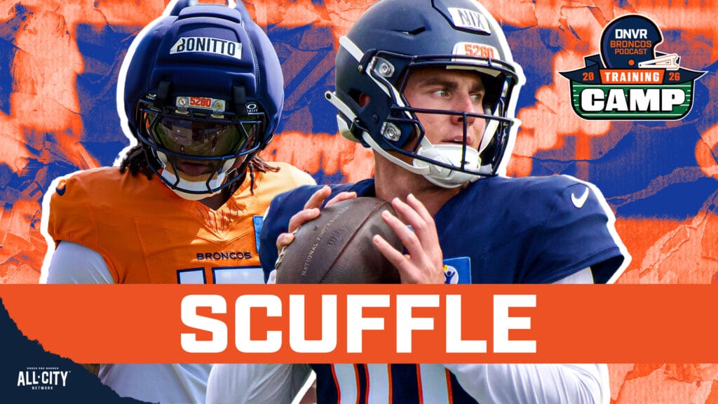 Nik Bonitto and Bo Nix get into it during SPICY Day 13 of Denver Broncos training camp