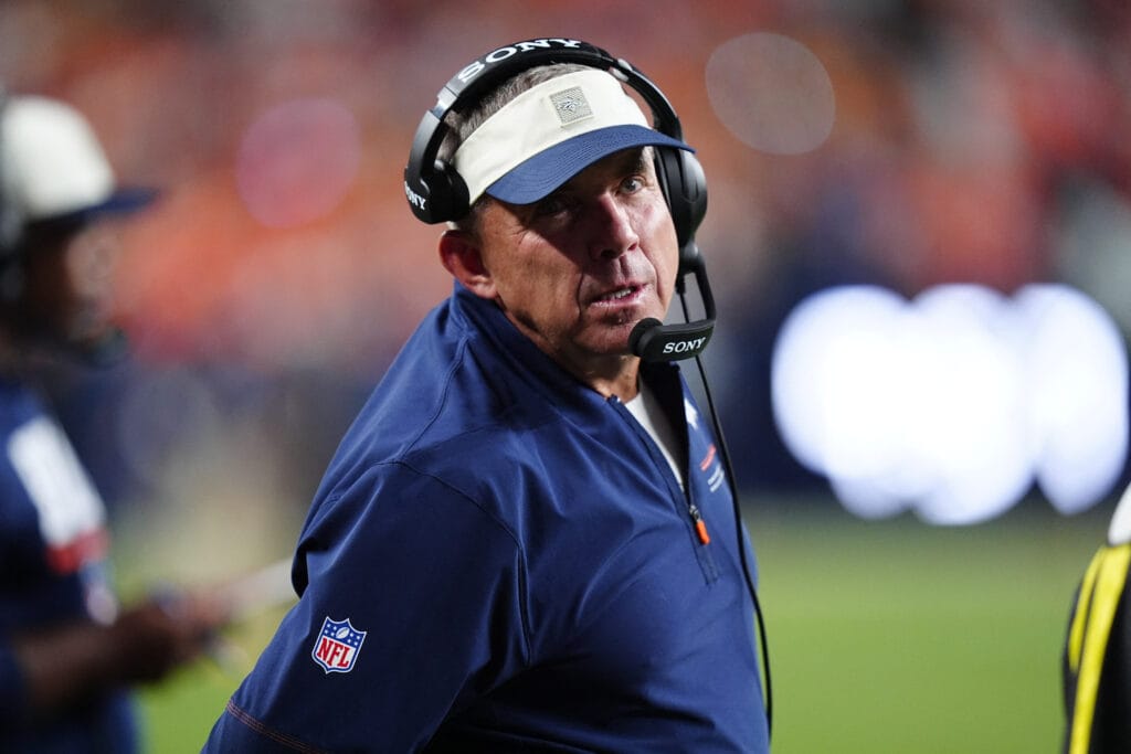 Aug 21, 2026; Denver, Colorado, USA; Denver Broncos head coach Sean Payton during the second quarter against the Green Bay Packers of a preseason game at Empower Field at Mile High. Mandatory Credit: Ron Chenoy-Imagn Images
