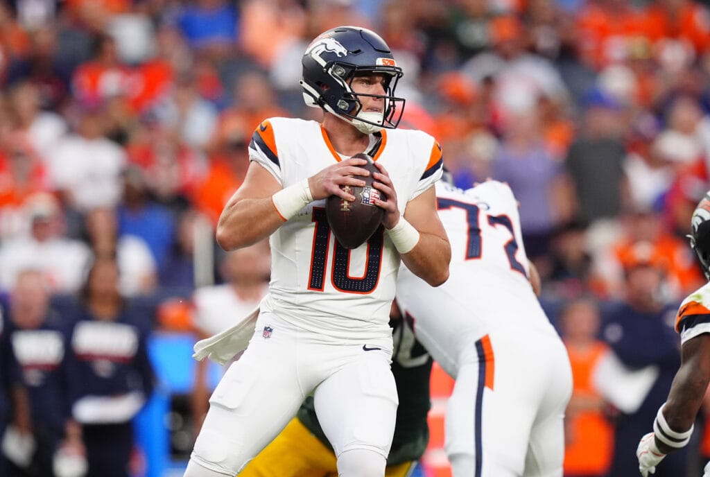 Aug 21, 2026; Denver, Colorado, USA; Denver Broncos quarterback Bo Nix (10) during the first quarter of a preseason game against the Green Bay Packers at Empower Field at Mile High. Mandatory Credit: Ron Chenoy-Imagn Images
