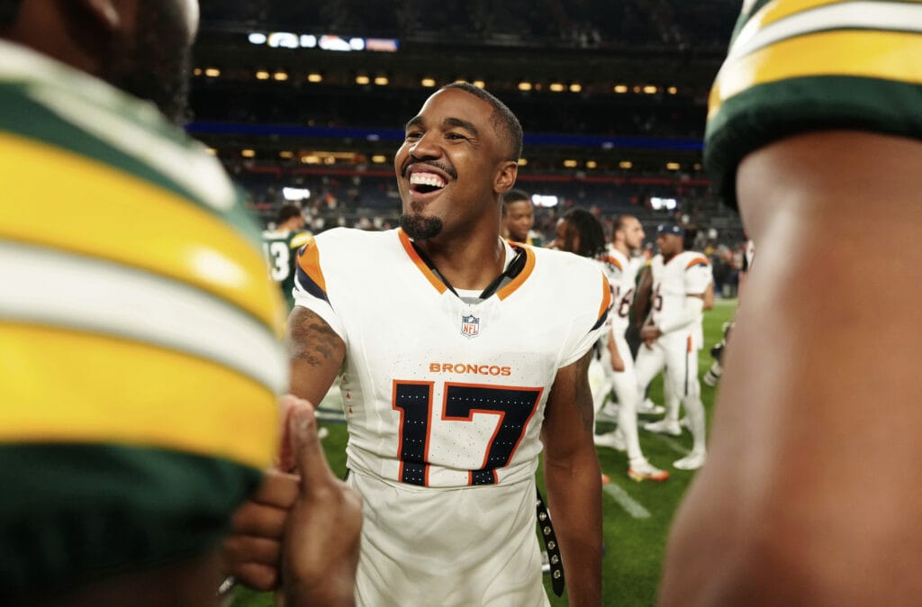 Aug 21, 2026; Denver, Colorado, USA; Denver Broncos wide receiver Jaylen Waddle (17) following the preseason game against the Green Bay Packers at Empower Field at Mile High. Mandatory Credit: Ron Chenoy-Imagn Images