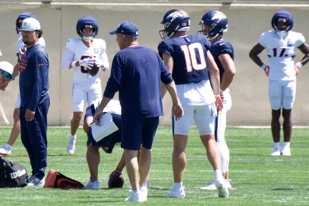 Sean Payton and Bo Nix at Denver Broncos practice on Wednesday, August 26, 2026. Photo credit: Ryan Greene