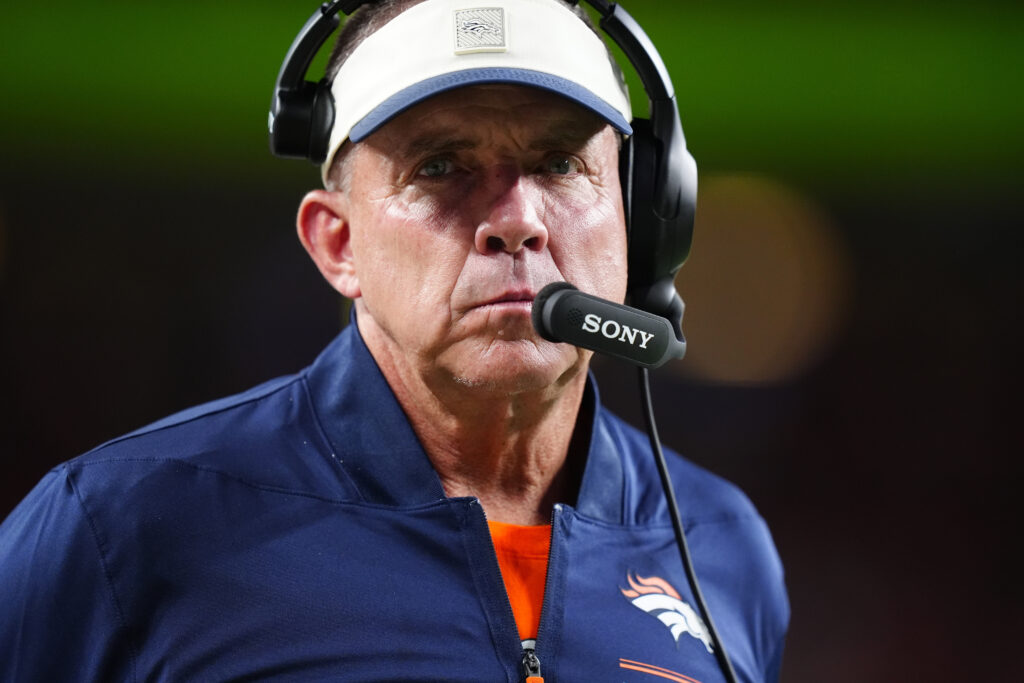 Aug 28, 2026; Denver, Colorado, USA; Denver Broncos head coach Sean Payton during the second quarter during a preseason game against the Minnesota Vikings at Empower Field at Mile High. Mandatory Credit: Ron Chenoy-Imagn Images