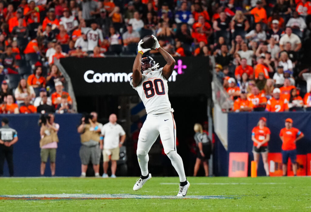 Aug 28, 2026; Denver, Colorado, USA; Denver Broncos tight end Justin Joly (80) pulls in a reception for a touchdown in the second half during a preseason game against the Minnesota Vikings at Empower Field at Mile High. Mandatory Credit: Ron Chenoy-Imagn Images