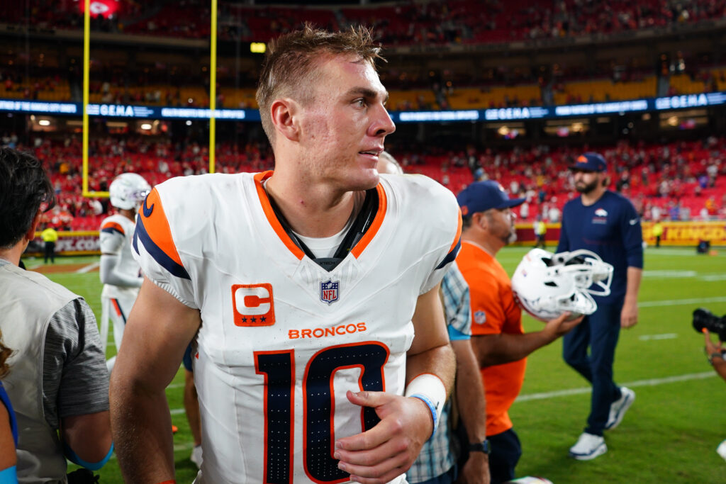 Sep 14, 2026; Kansas City, Missouri, USA; Denver Broncos quarterback Bo Nix (10) reacts after the game against the Kansas City Chiefs at GEHA Field at Arrowhead Stadium. Mandatory Credit: Denny Medley-Imagn Images
