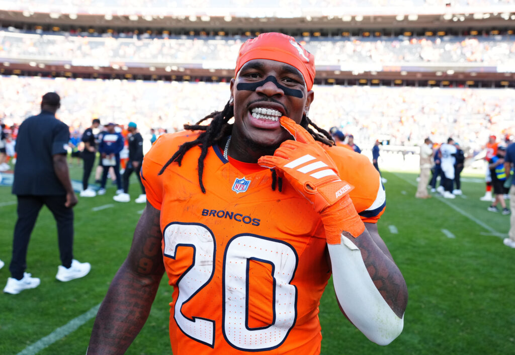 Sep 20, 2026; Denver, Colorado, USA; Denver Broncos running back Jonah Coleman (20) celebrates on the field after defeating the Jacksonville Jaguars at Empower Field at Mile High. Mandatory Credit: Ron Chenoy-Imagn Images