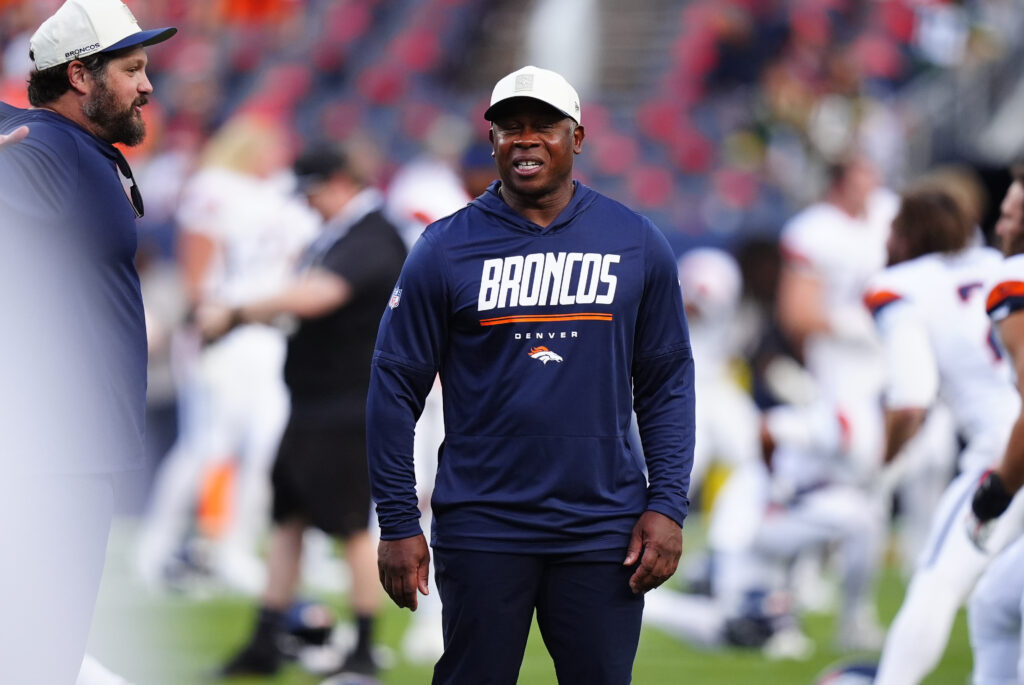 Aug 21, 2026; Denver, Colorado, USA; Denver Broncos defensive coordinator Vance Joseph before the preseason game against the Green Bay Packers at Empower Field at Mile High. Mandatory Credit: Ron Chenoy-Imagn Images