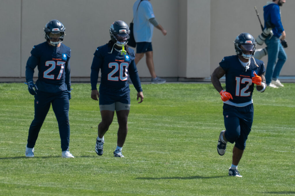 J.K. Dobbins, Jonah Coleman and RJ Harvey at Denver Broncos practice on Friday, Sept. 25, 2026. Photo credit: Nick Ruscetti