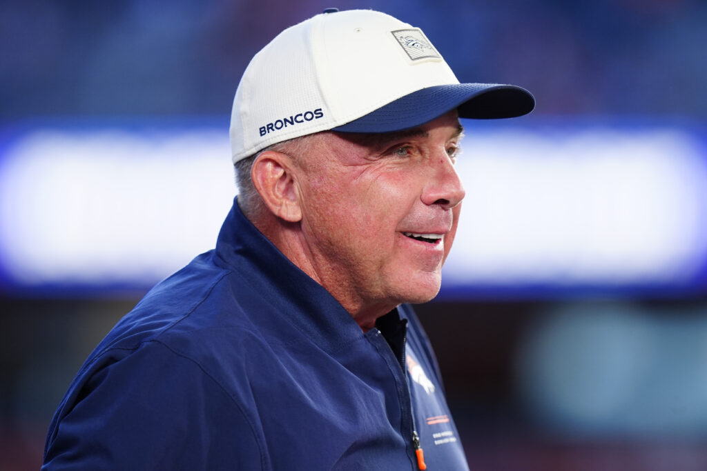 Sep 27, 2026; Denver, Colorado, USA; Denver Broncos head coach Sean Payton looks on before the game against the Los Angeles Rams at Empower Field at Mile High. Mandatory Credit: Ron Chenoy-Imagn Images