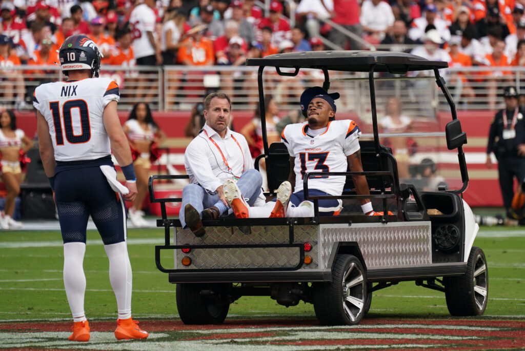 Oct 4, 2026; Santa Clara, California, USA; Denver Broncos wide receiver Pat Bryant (13) is carted off the field with an apparent injury during the second half against the San Francisco 49ers at Levi's Stadium. Mandatory Credit: Darren Yamashita-Imagn Images