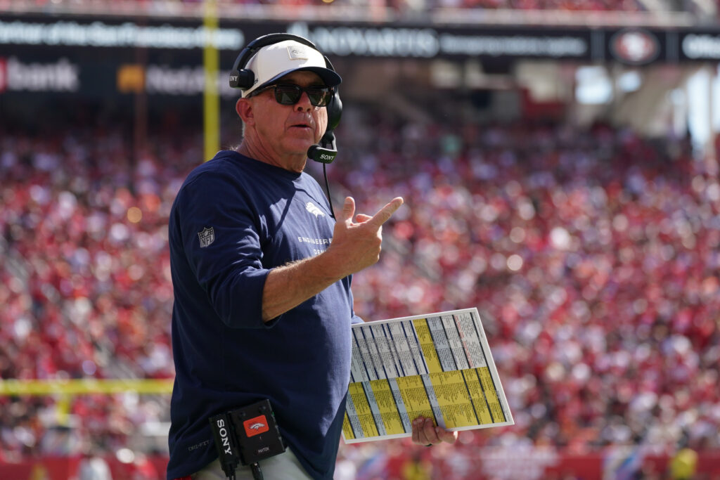 Oct 4, 2026; Santa Clara, California, USA; Denver Broncos head coach Sean Payton on the sidelines during a game against the San Francisco 49ers during the first half at Levi's Stadium. Mandatory Credit: David Gonzales-Imagn Images