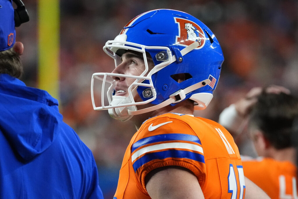 Oct 15, 2026; Denver, Colorado, USA; Denver Broncos quarterback Bo Nix (10) looks on in the second half against the Seattle Seahawks at Empower Field at Mile High. Mandatory Credit: Ron Chenoy-Imagn Images