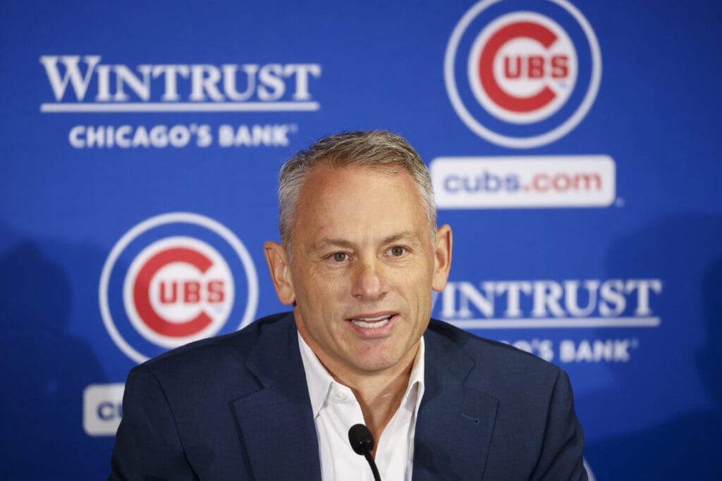 Chicago Cubs president of baseball operations Jed Hoyer speaks during a press conference in Chicago.