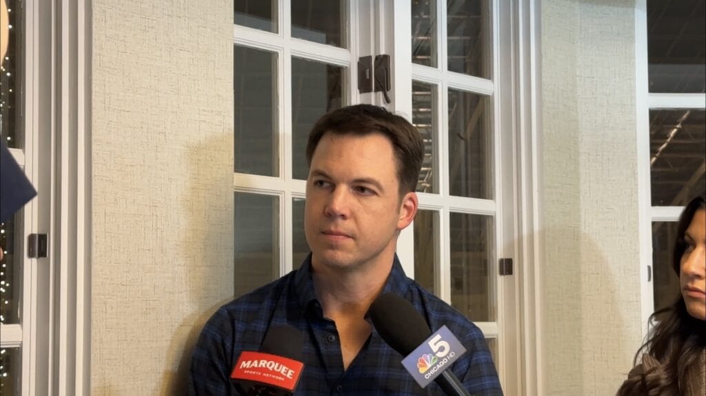 Chicago Cubs general manager Carter Hawkins speaks to the media on Dec. 4, 2023, at the Winter Meetings at the Gaylord Opryland Resort in Nashville, Tenn.