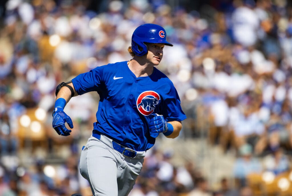 Chicago Cubs outfielder Owen Caissie against the Los Angeles Dodgers during a spring training game at Camelback Ranch-Glendale.