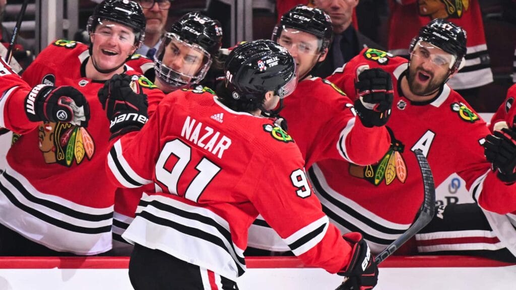 Chicago Blackhawks' Frank Nazar celebrates a goal