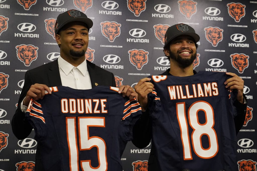 Caleb Williams and Rome Odunze at their first press conference as Chicago Bears players.