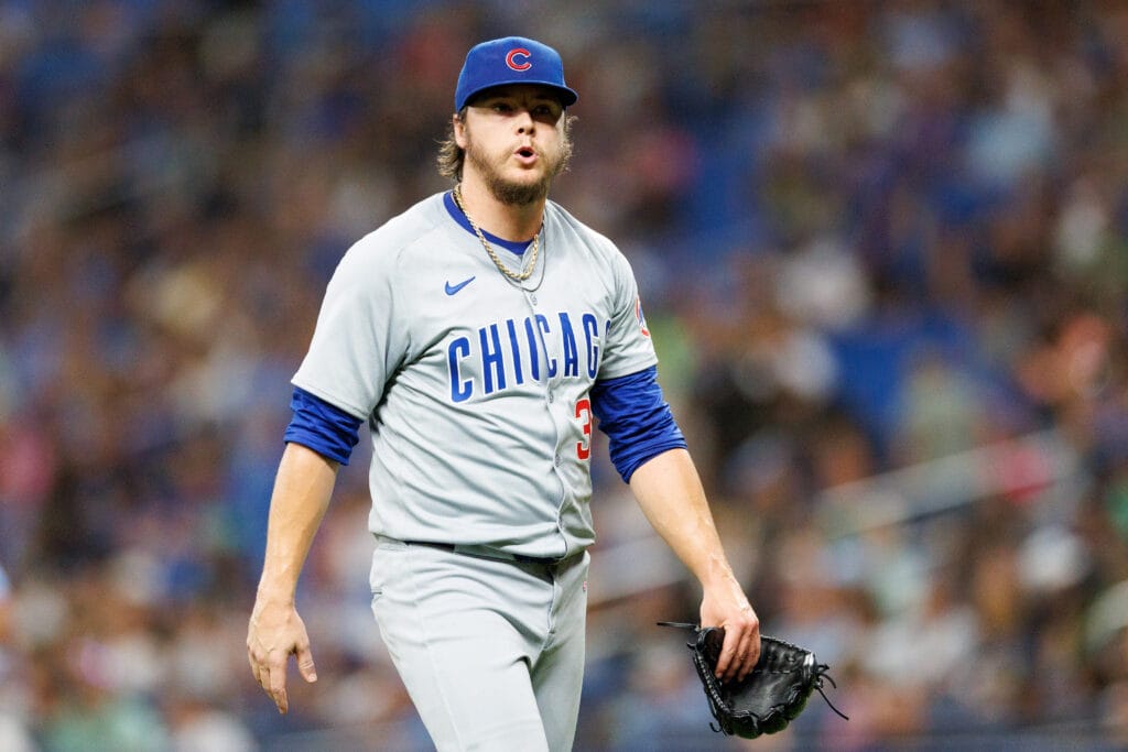 Chicago Cubs pitcher Justin Steele (35) looks on after pitching against the Tampa Bay Rays in the third inning at Tropicana Field.