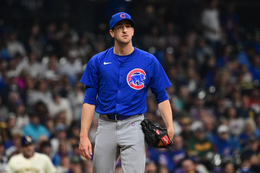 Chicago Cubs relief pitcher Kyle Hendricks (28) looks on after retiring a batter in the sixth inning against the Milwaukee Brewers at American Family Field.