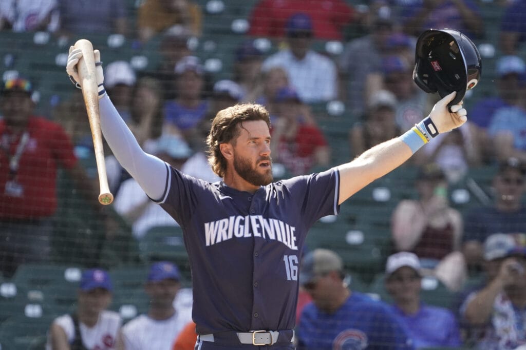 Chicago Cubs first base Patrick Wisdom (16) reacts after striking out against the New York Mets during the eighth inning at Wrigley Field. Will Jed Hoyer add more to the offense?