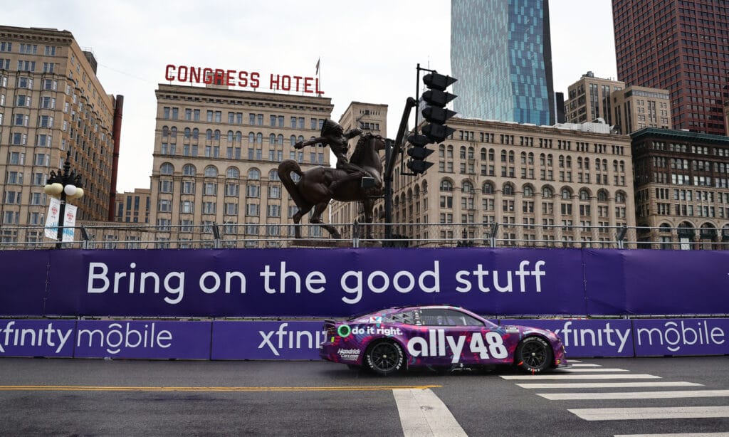 Alex Bowman speeds down Michigan Ave en route to NASCAR Chicago Street Race victory.