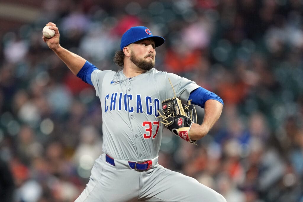 Chicago Cubs relief pitcher Porter Hodge (37) throws a pitch against the San Francisco Giants during the sixth inning at Oracle Park.