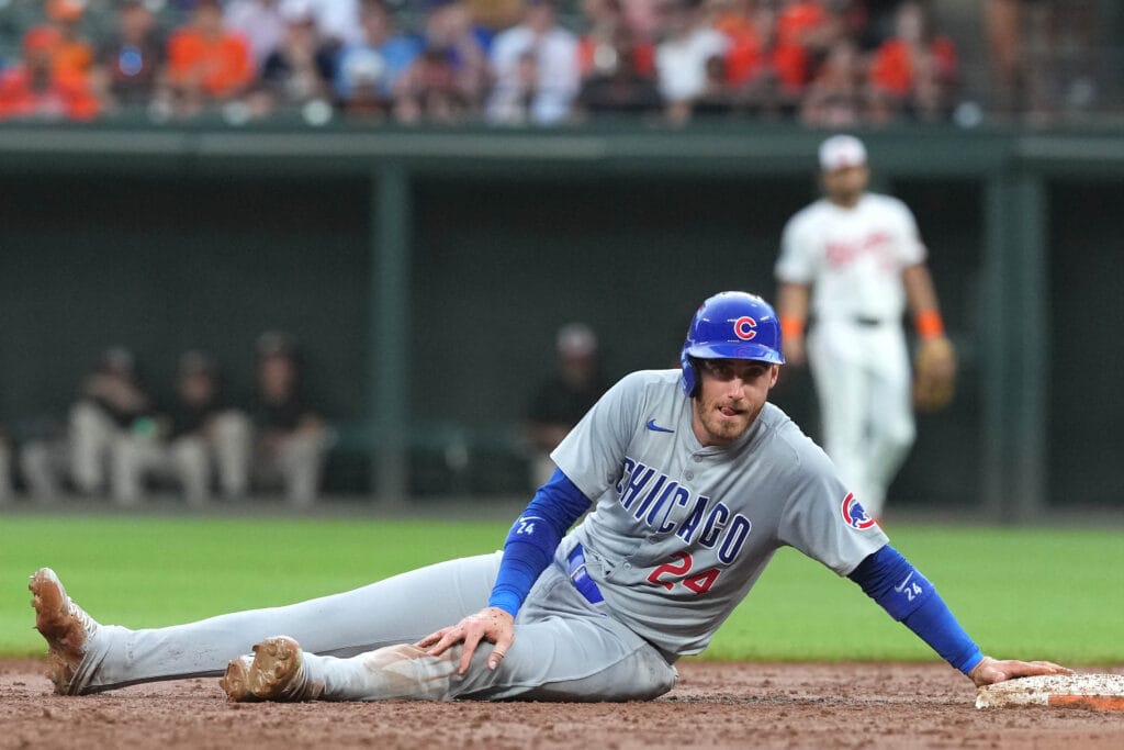 Chicago Cubs outfielder Cody Bellinger (24) steals second base in the third inning against the Baltimore Orioles at Oriole Park at Camden Yards.