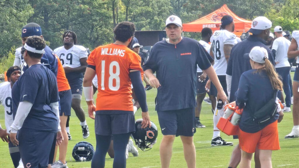 Caleb Williams chats with Shane Waldron at Bears training camp