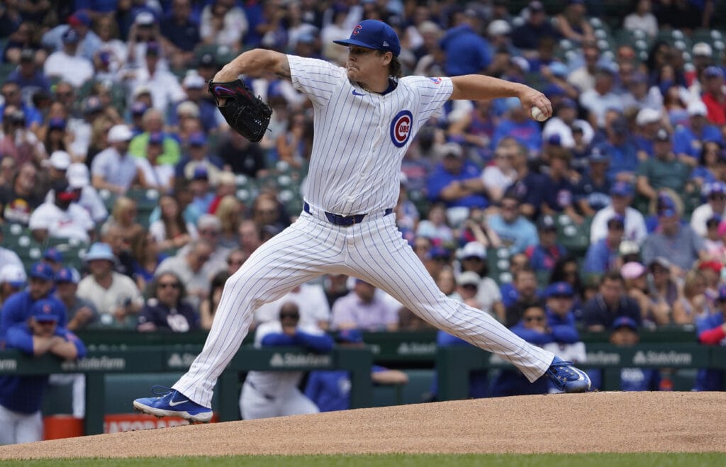 Chicago Cubs pitcher Justin Steele (35) throws against the Milwaukee Brewers during the first inning at Wrigley Field.