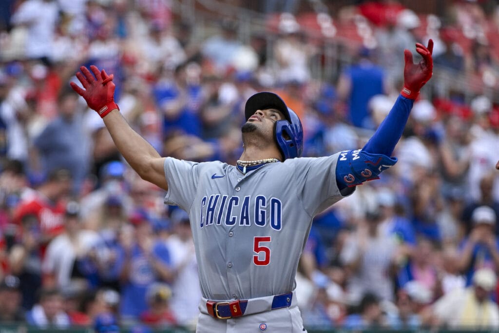 Chicago Cubs designated hitter Christopher Morel (5) reacts as he runs the bases after hitting a solo home run against the St. Louis Cardinals during the eighth inning at Busch Stadium.