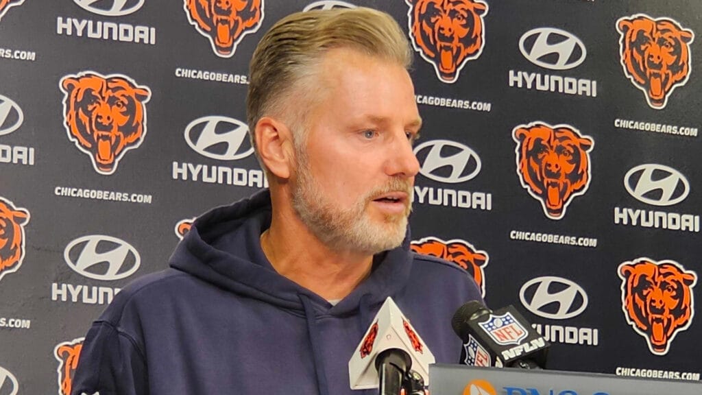 Bears head coach Matt Eberflus meets with the press in Halas Hall's PNC Center