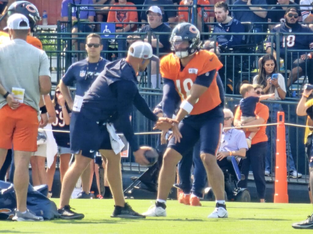 Bears QB Caleb Williams takes a snap during practice at Halas Hall