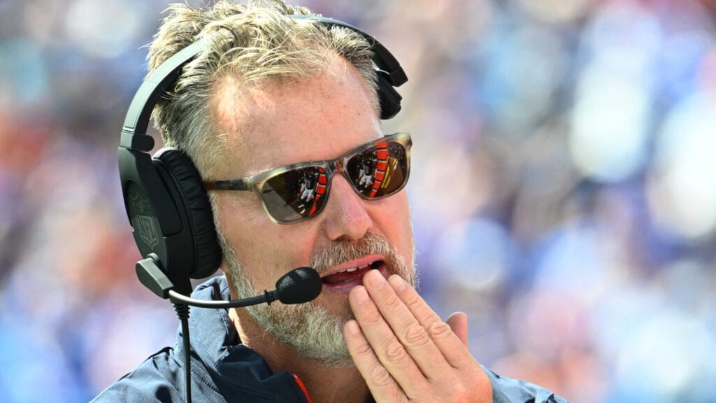 Bears head coach Matt Eberflus looks on during the team's dominant preseason win against the Buffalo Bills